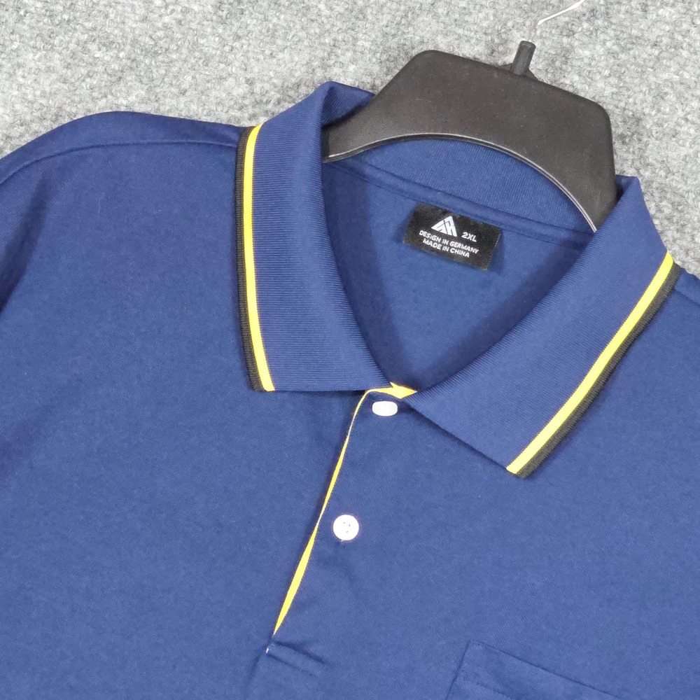 Adidas Mens 2XL Polo Shirt Navy Blue Yellow Trim Collar Plackard and Sleeves